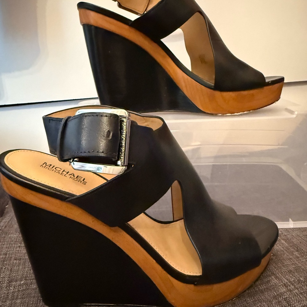 Michael Kors Black and Tan Wedge Sandals